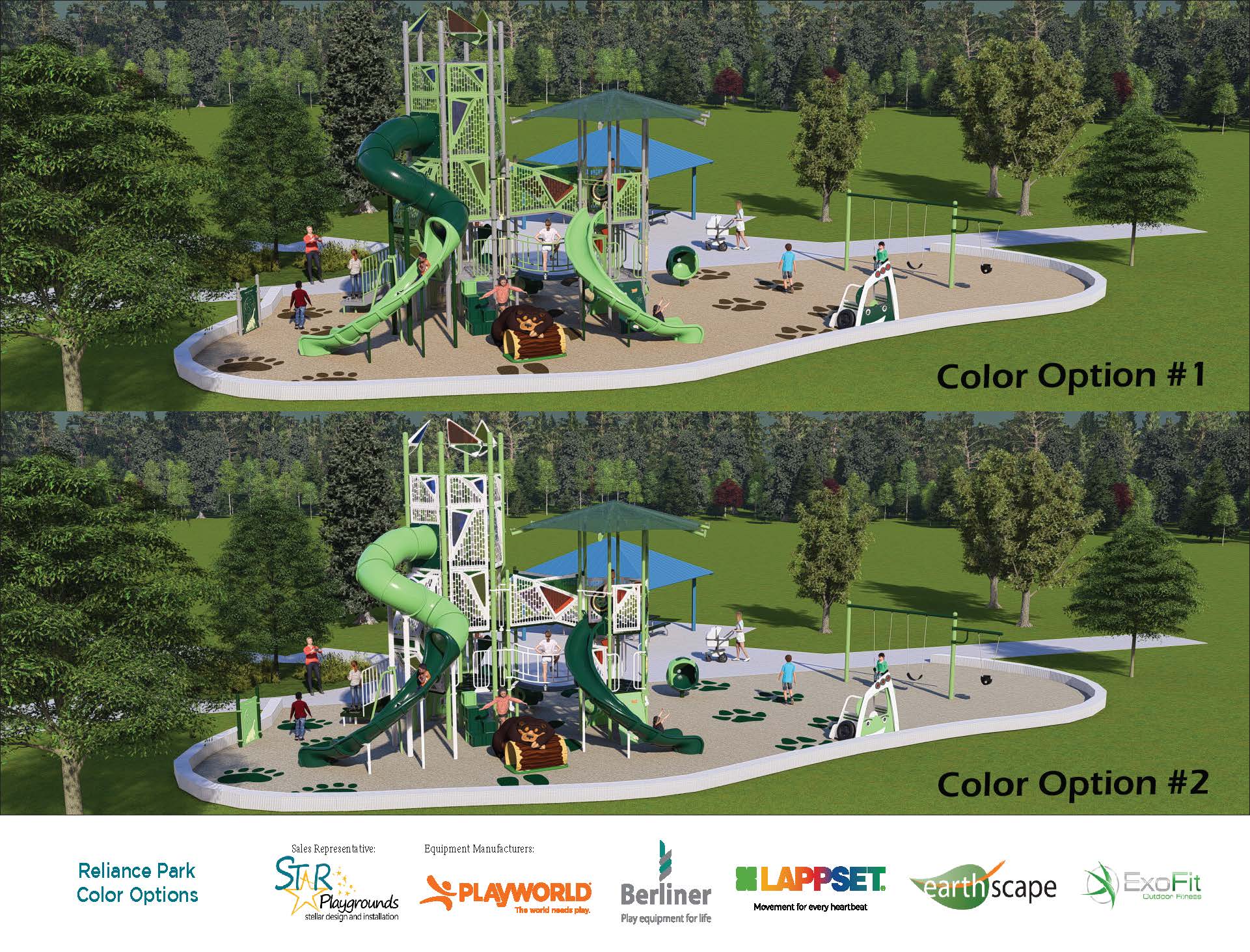 Playground color choices on playground rendering for Reliance Park playground replacement.