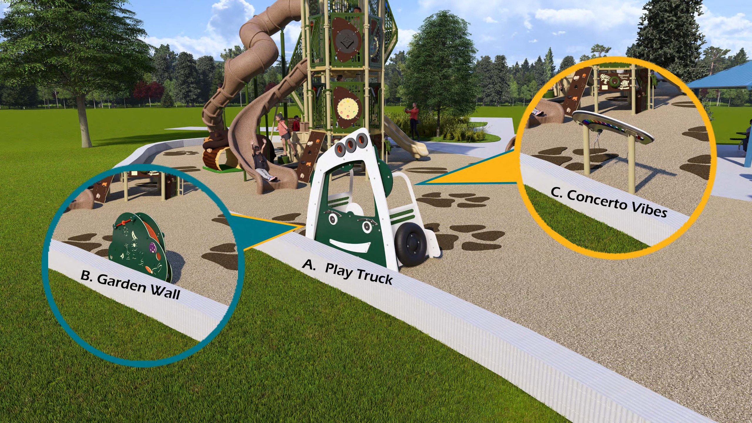 Play feature choices on playground rendering for Reliance Park playground replacement.