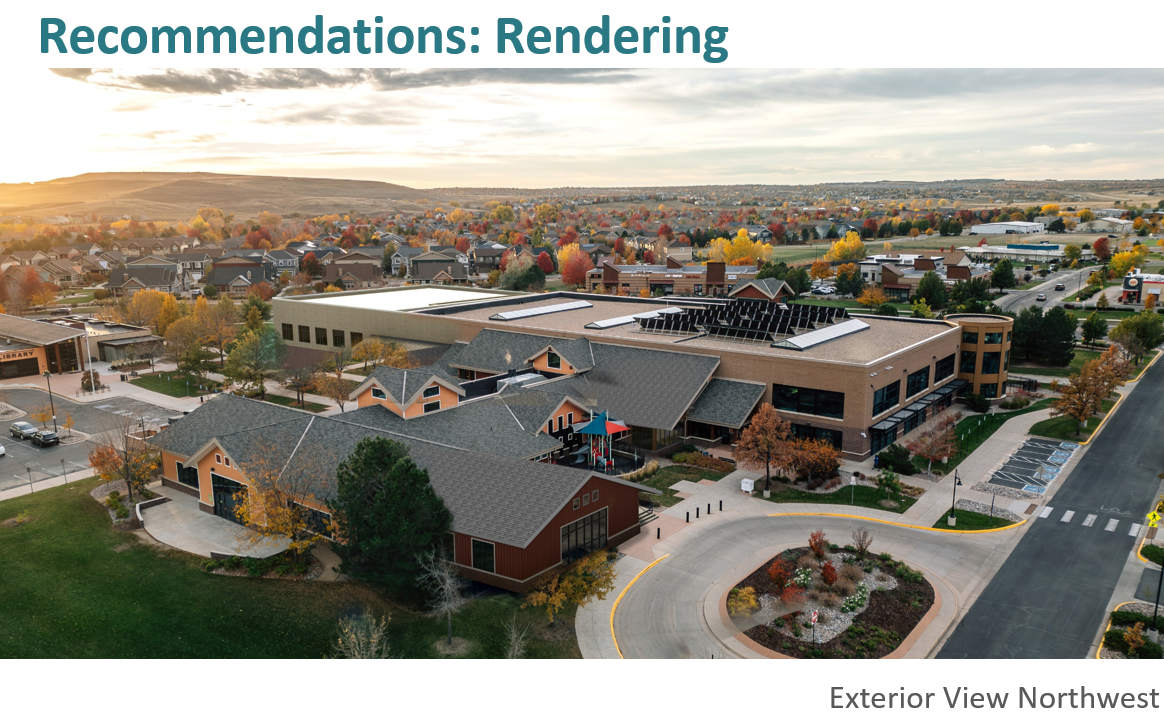 Rendering of Erie Community Center as viewed from northwest exterior.