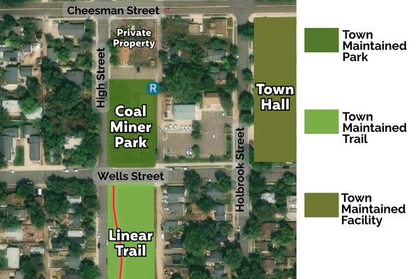 Overhead map of Coal Miner Park showing what properties are maintained by the Town and which are private properties.
