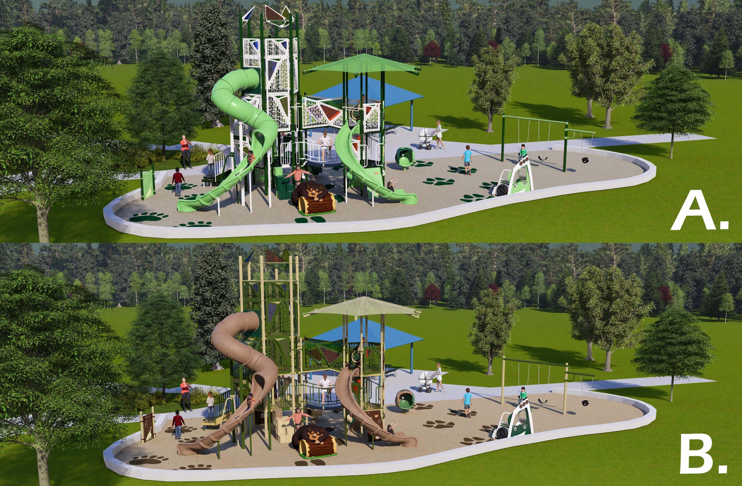 Playground color choices on playground rendering for Reliance Park playground replacement.